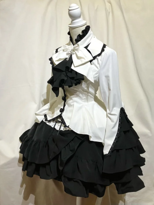 【MARBLE】マーブル 編み上げ巻きフリルスカート:白黒