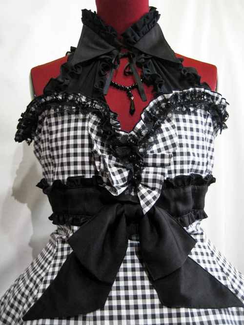 【MARBLE】マーブル バタフライジュエルドレス:黒白ギンガムチェック×黒フリル×黒レース