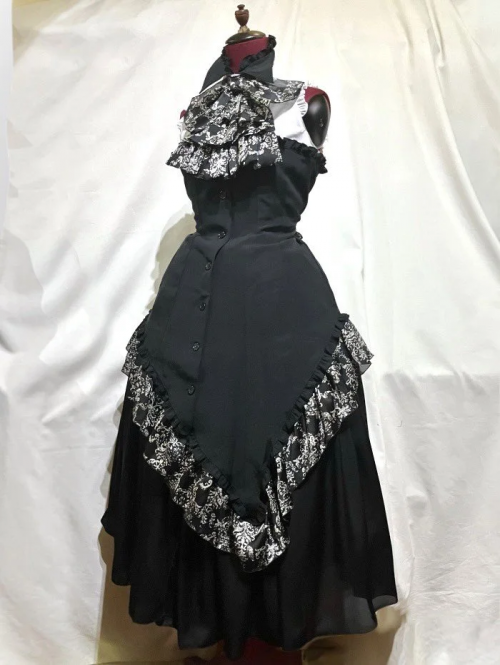 【MARBLE】マーブル ゴシックタイ付コルセット風ブラウスワンピース:黒×白×黒地白ゴシック柄