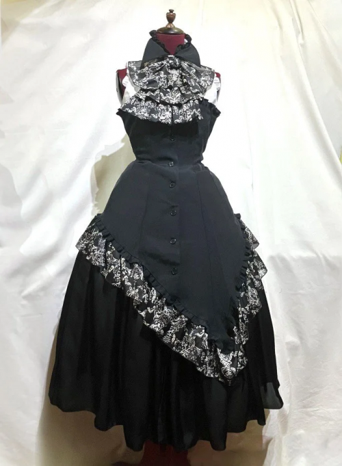 【MARBLE】マーブル ゴシックタイ付コルセット風ブラウスワンピース:黒×白×黒地白ゴシック柄