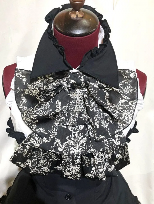 【MARBLE】マーブル ゴシックタイ付コルセット風ブラウスワンピース:黒×白×黒地白ゴシック柄