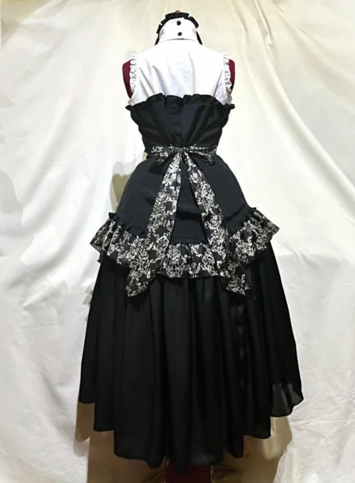 【MARBLE】マーブル ゴシックタイ付コルセット風ブラウスワンピース:黒×白×黒地白ゴシック柄