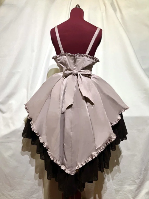 【MARBLE】マーブル エンブレム飾りチェーン付きハイウエストドレープスカート:ベージュピンク×茶ゴシック柄フロッキーフリル