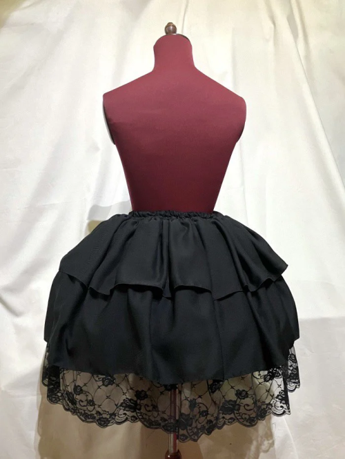 【MARBLE】マーブル 切り替え総フリルワンピース+パニエ入りボリュームレース付きスカート:黒ストライプ×黒レース