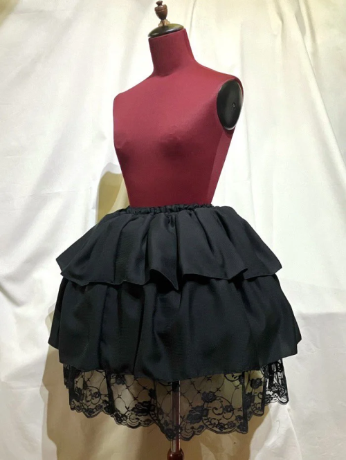 【MARBLE】マーブル 切り替え総フリルワンピース+パニエ入りボリュームレース付きスカート:黒ストライプ×黒レース