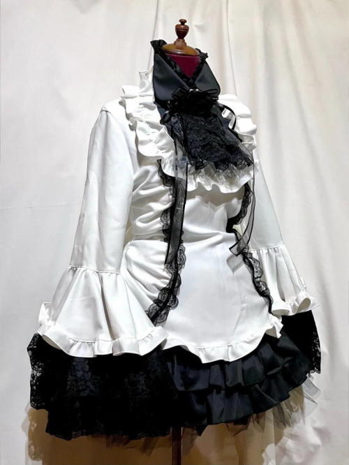 【MARBLE】マーブル リボンデコレーション・クラシックタイ付きサイドタックドレスワンピース:白黒×黒チュール