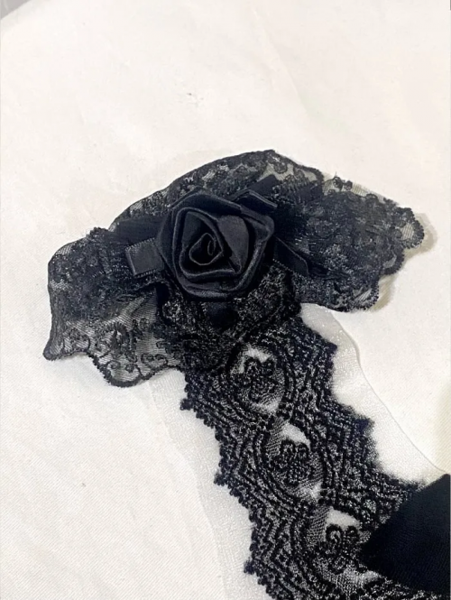 【MARBLE】マーブル バラ付きアンティーク柄シースルーショート靴下:黒