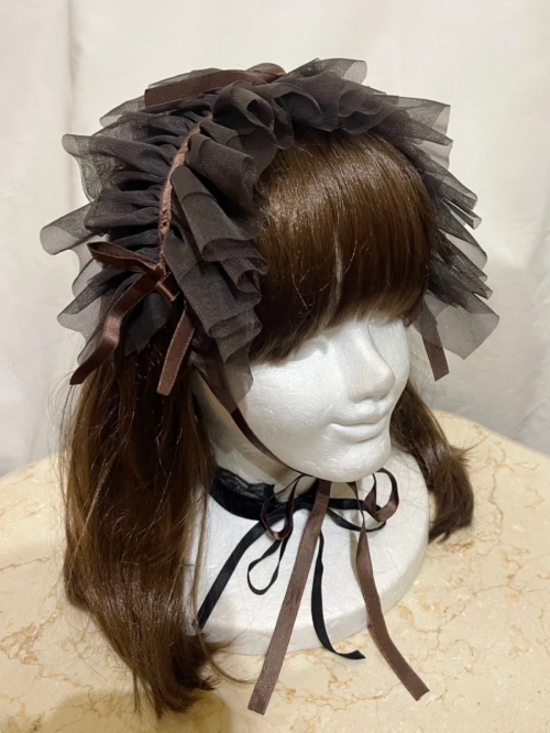 【MARBLE】マーブル フリンジリボンフリルヘッドドレス 茶チュール