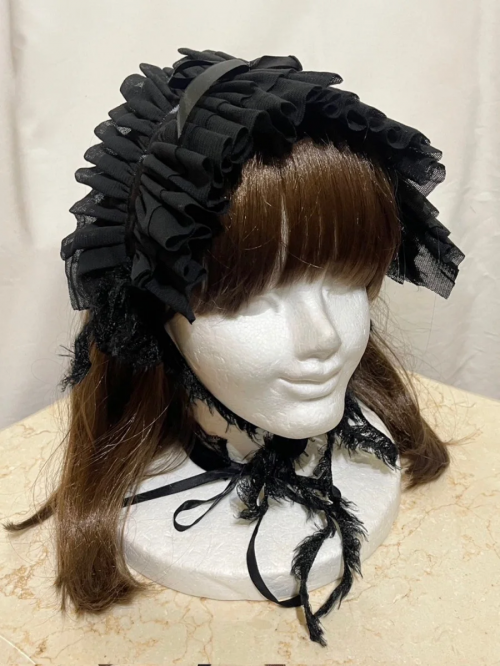 【MARBLE】マーブル フリンジリボンフリルヘッドドレス 黒チュールネット