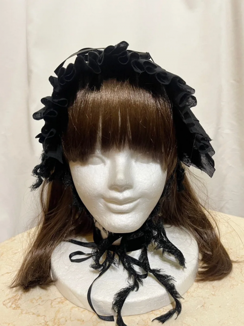 【MARBLE】マーブル フリンジリボンフリルヘッドドレス 黒チュールネット