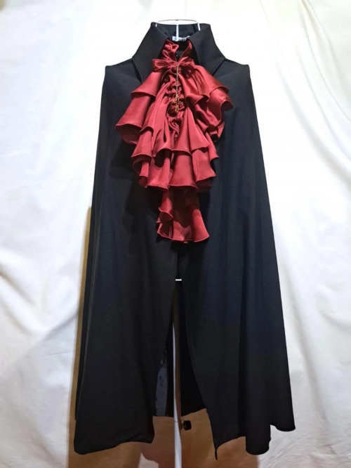 【MARBLE】マーブル ボリュームタイ付きロングマント:黒×赤