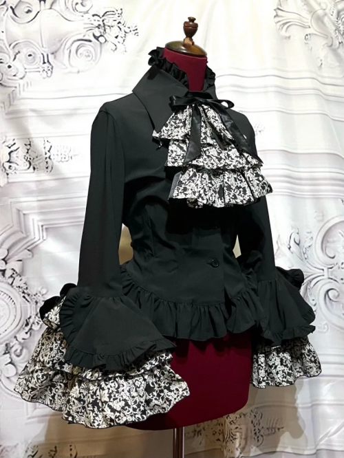 アトリエピエロ ATELIER PIERROT 姫袖ブラウス 黒 MARBLE】マーブル リバーシブルタイ付き姫袖ブラウス：黒×黒地白