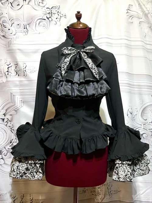 【MARBLE】マーブル リバーシブルタイ付き姫袖ブラウス:黒×黒地白ゴシック