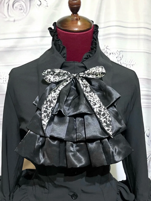 【MARBLE】マーブル リバーシブルタイ付き姫袖ブラウス:黒×黒地白ゴシック
