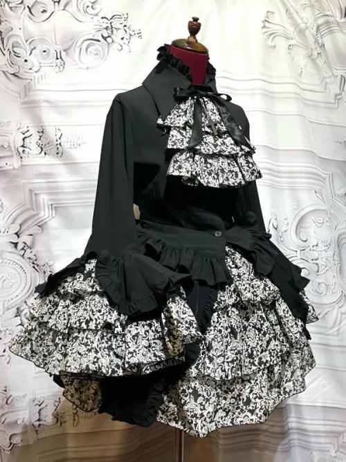 【MARBLE】マーブル リバーシブルタイ付き姫袖ブラウス:黒×黒地白ゴシック