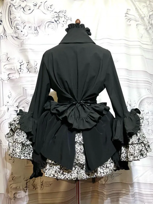 【MARBLE】マーブル リバーシブルタイ付き姫袖ブラウス:黒×黒地白ゴシック