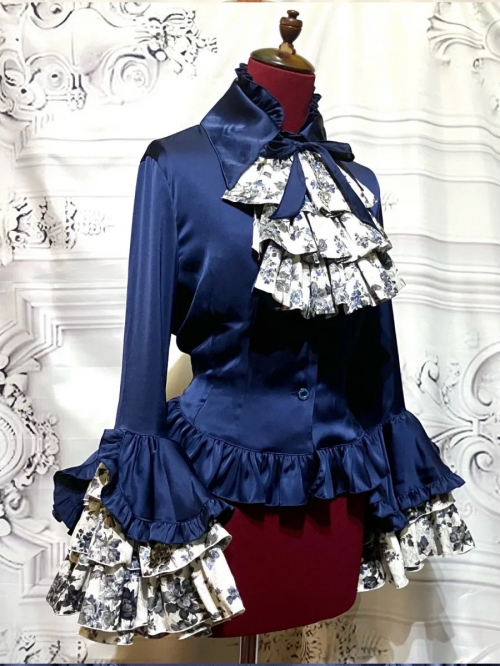 【MARBLE】マーブル リバーシブルタイ付き姫袖ブラウス:紺×白ジャガード黒グレー花柄