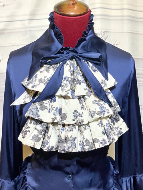 【MARBLE】マーブル リバーシブルタイ付き姫袖ブラウス:紺×白ジャガード黒グレー花柄