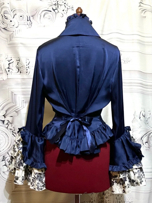 【MARBLE】マーブル リバーシブルタイ付き姫袖ブラウス:紺×白ジャガード黒グレー花柄