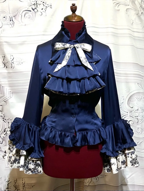 【MARBLE】マーブル リバーシブルタイ付き姫袖ブラウス:紺×白ジャガード黒グレー花柄