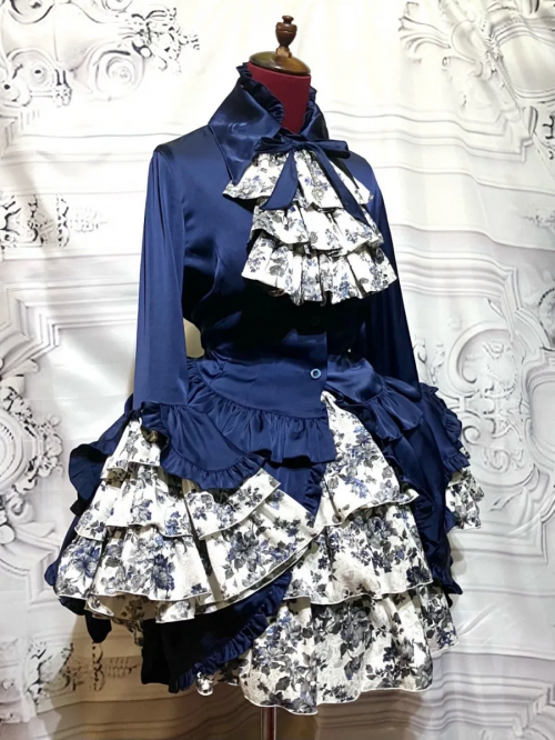【MARBLE】マーブル リバーシブルタイ付き姫袖ブラウス:紺×白ジャガード黒グレー花柄