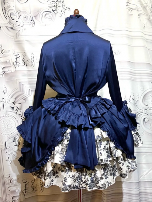 【MARBLE】マーブル リバーシブルタイ付き姫袖ブラウス:紺×白ジャガード黒グレー花柄