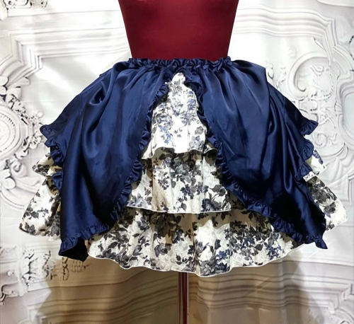 【MARBLE】マーブル パ二エ入り3段スカート +タック変形スカート:紺×白ジャガード黒グレー花柄