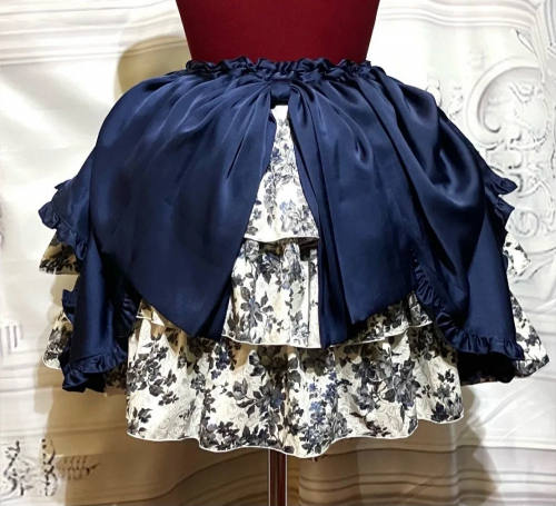 【MARBLE】マーブル パ二エ入り3段スカート +タック変形スカート:紺×白ジャガード黒グレー花柄