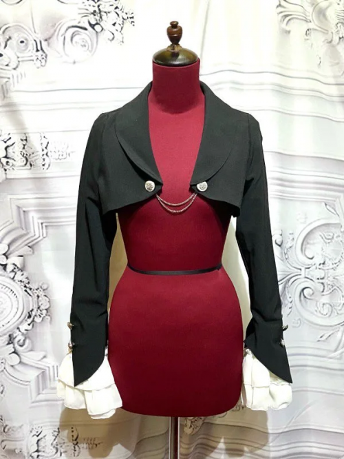 【MARBLE】マーブル エンブレムチェーン付き姫袖ショートジャケット:黒×白フリル