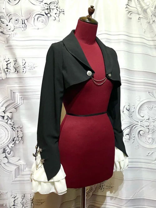 【MARBLE】マーブル エンブレムチェーン付き姫袖ショートジャケット:黒×白フリル