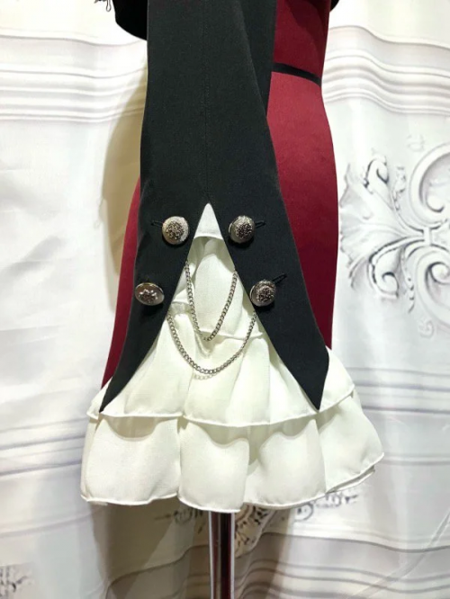 【MARBLE】マーブル エンブレムチェーン付き姫袖ショートジャケット:黒×白フリル