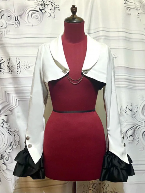 【MARBLE】マーブル エンブレムチェーン付き姫袖ショートジャケット:白×黒フリル