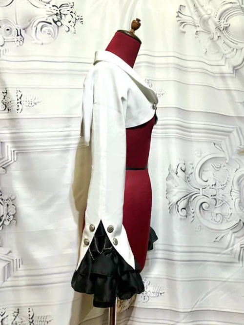 【MARBLE】マーブル エンブレムチェーン付き姫袖ショートジャケット:白×黒フリル