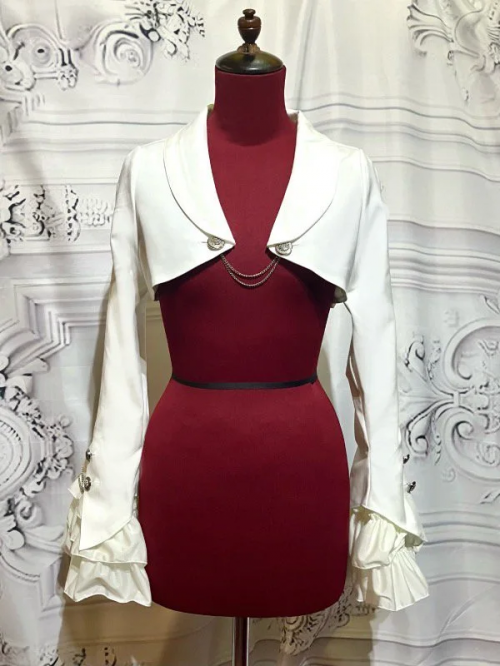 【MARBLE】マーブル エンブレムチェーン付き姫袖ショートジャケット:白×白フリル