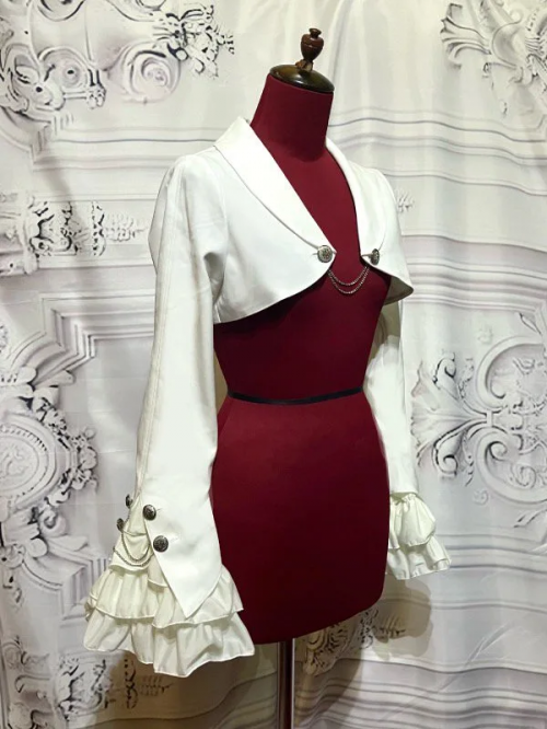 【MARBLE】マーブル エンブレムチェーン付き姫袖ショートジャケット:白×白フリル