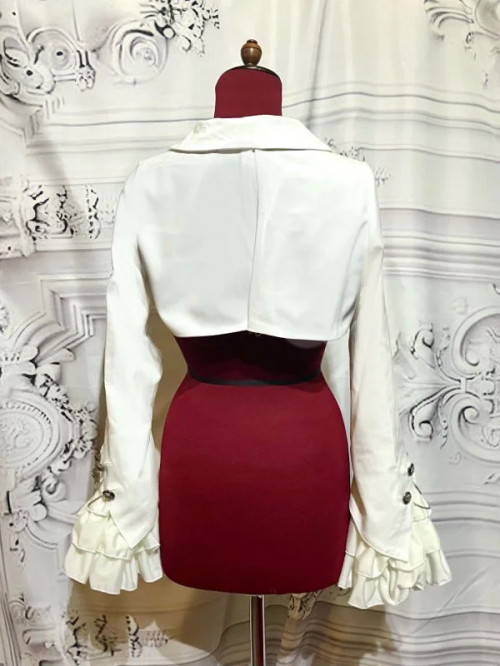 【MARBLE】マーブル エンブレムチェーン付き姫袖ショートジャケット:白×白フリル