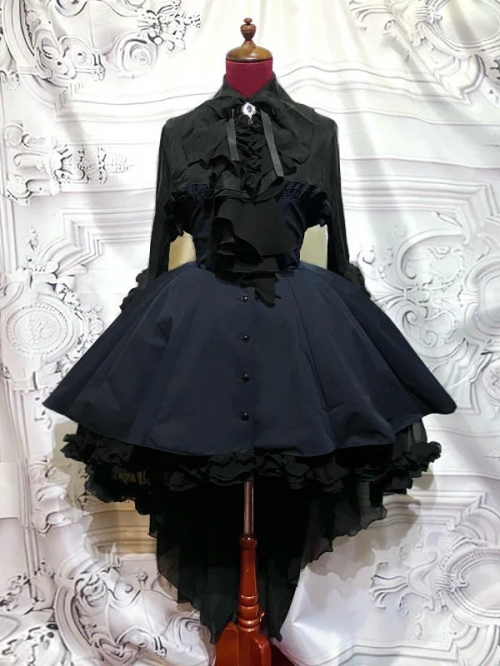 【MARBLE】マーブル ドレープタイ付きゴシックエレガンスブラウスワンピース:黒×紺