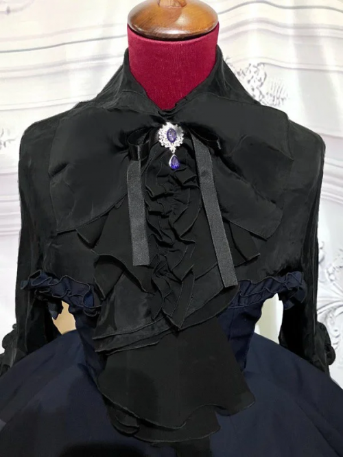 【MARBLE】マーブル ドレープタイ付きゴシックエレガンスブラウスワンピース:黒×紺