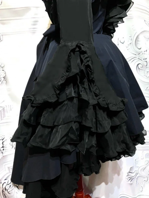 【MARBLE】マーブル ドレープタイ付きゴシックエレガンスブラウスワンピース:黒×紺