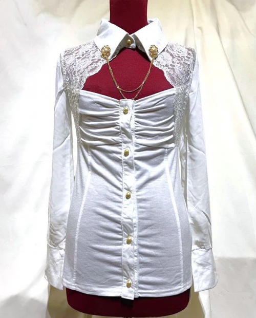 【MARBLE】マーブル 2wayドレープタイ付きブラウス:白×ゴールド白パールチェーン