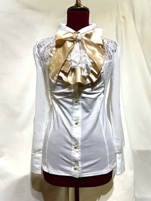 ◆Lサイズ◆【MARBLE】マーブル 2wayドレープタイ付きブラウス:白×ベージュタイ