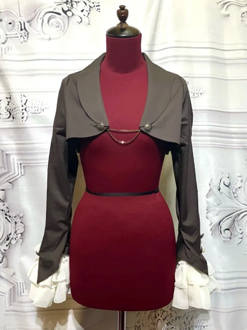 【MARBLE】マーブル エンブレムチェーン付き姫袖ショートジャケット:茶×オフ白フリル