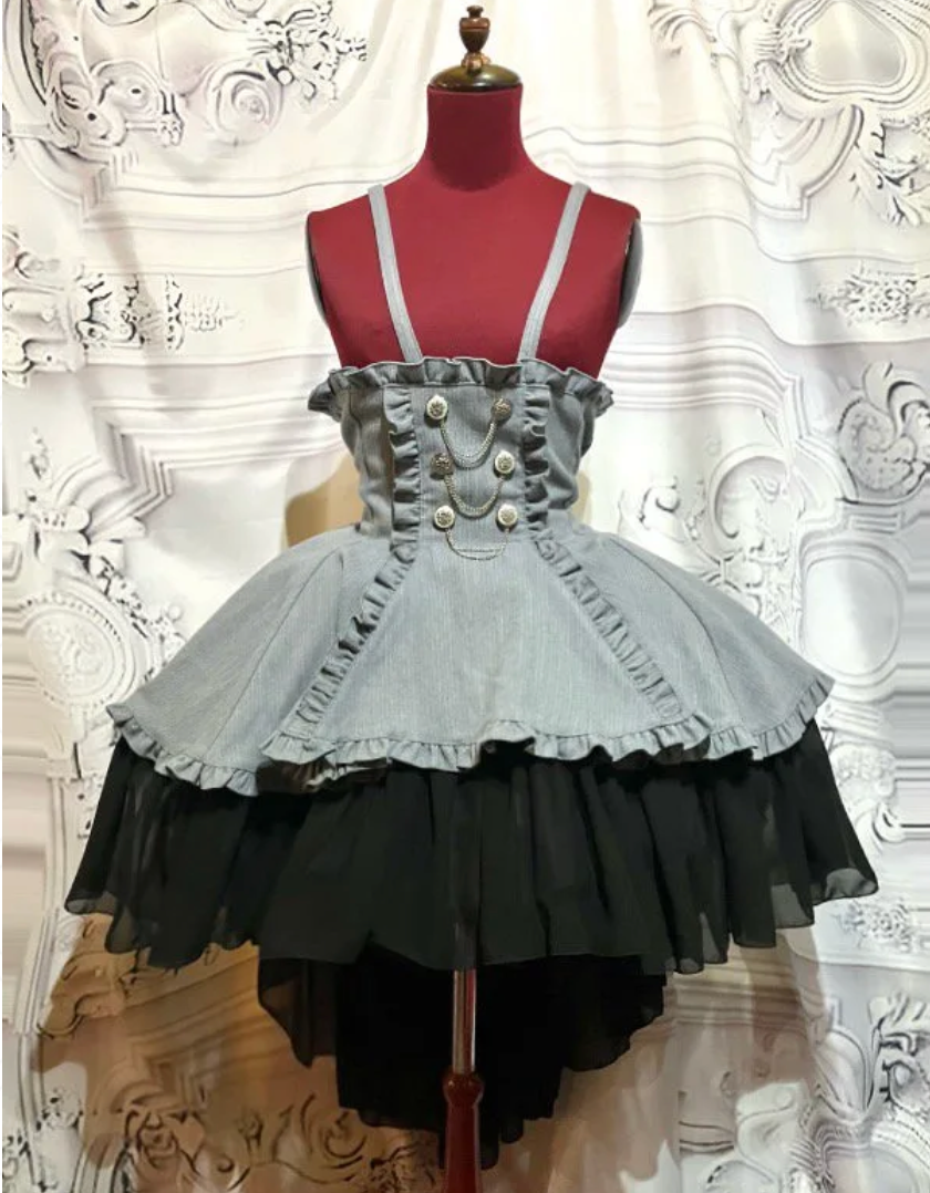 【MARBLE】マーブル エンブレム飾りチェーン付きハイウエストドレープスカート:グレーストライプ×黒フリル◆LL~3Lサイズ◆