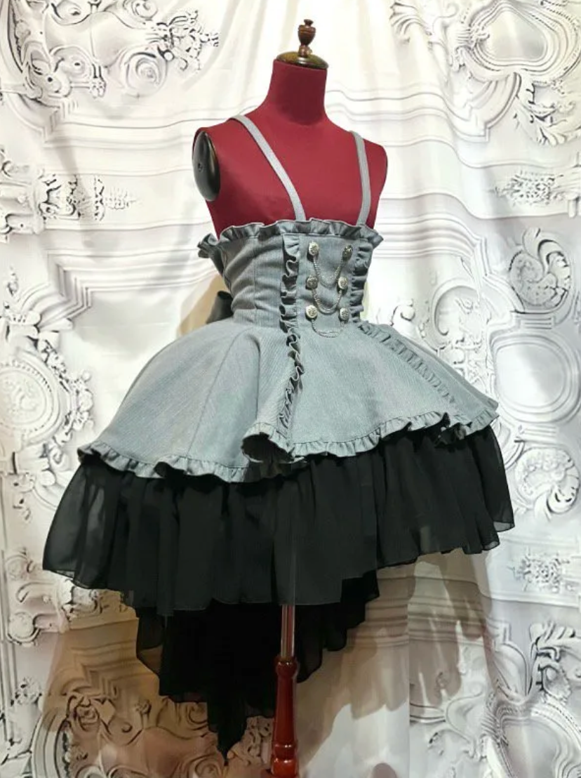 【MARBLE】マーブル エンブレム飾りチェーン付きハイウエストドレープスカート:グレーストライプ×黒フリル◆LL~3Lサイズ◆