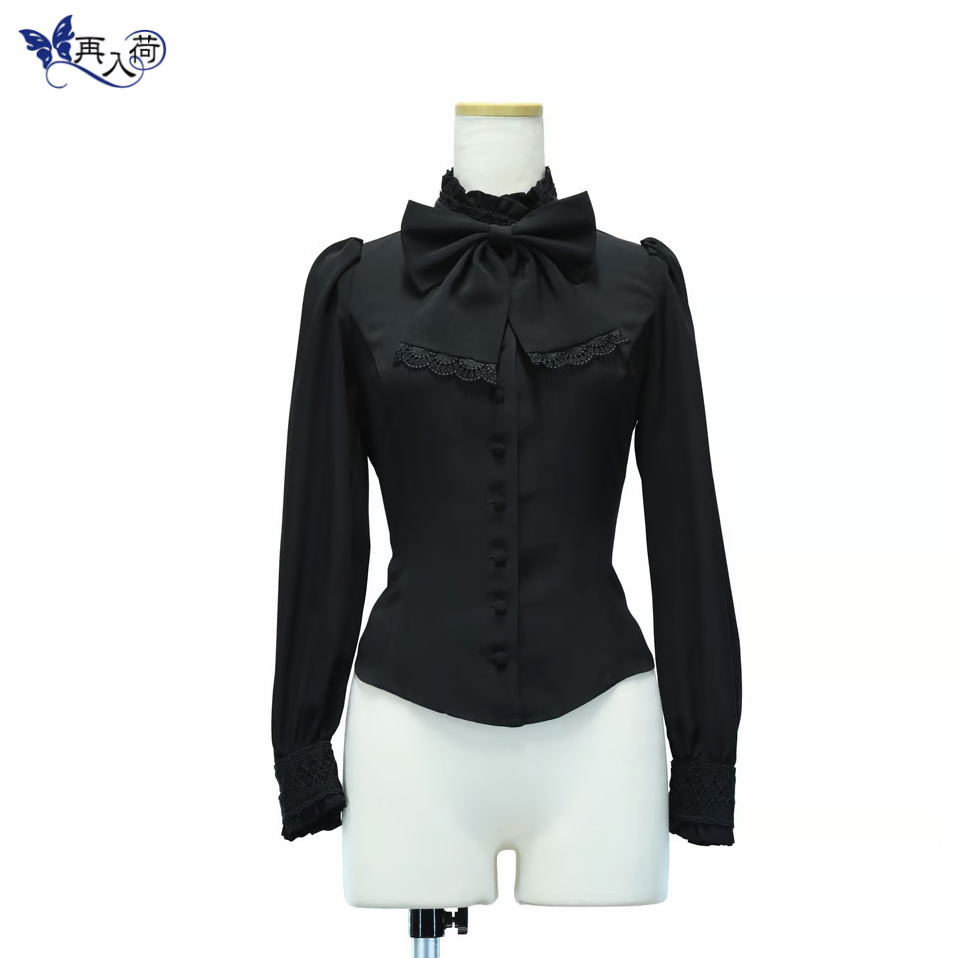 【Sheglit】シェグリット スタンドカラーリボンジャボブラウス ブラック M/L