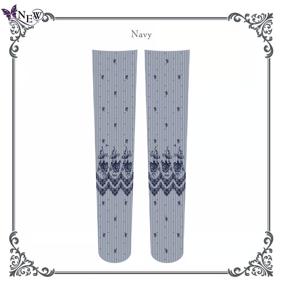 【Sheglit】シェグリット Floral Lace Over Knee ネイビー/ブラック