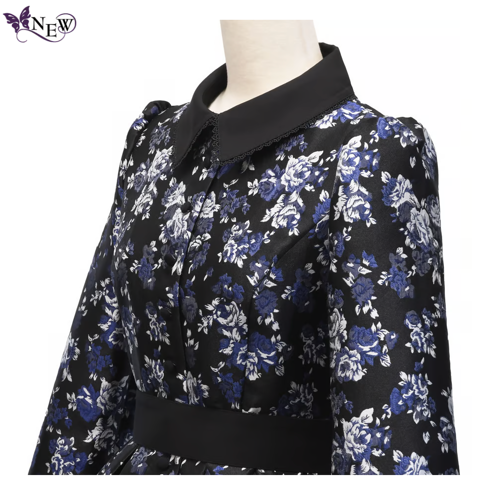 【Sheglit】シェグリット ローズジャガードタックワンピース ネイビー/ブラック