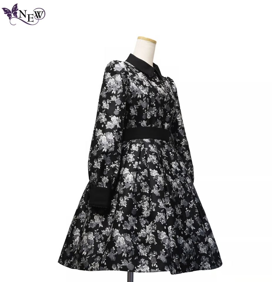 【Sheglit】シェグリット ローズジャガードタックワンピース ネイビー/ブラック