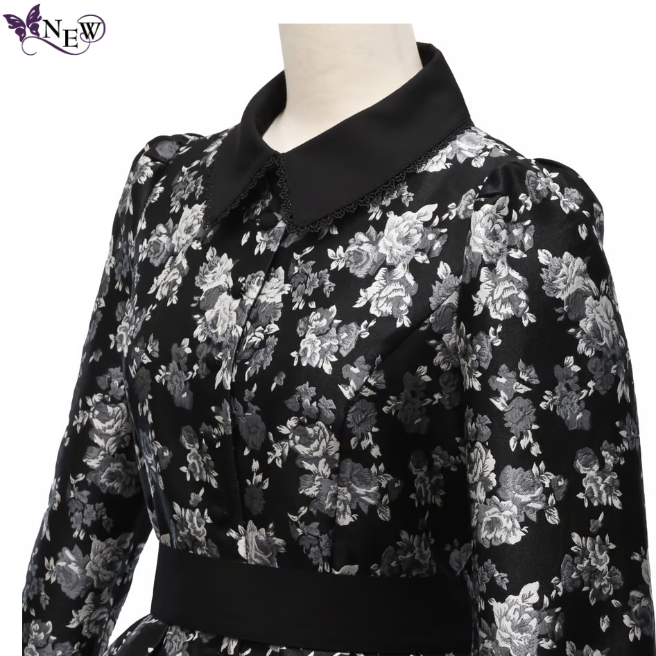 【Sheglit】シェグリット ローズジャガードタックワンピース ネイビー/ブラック