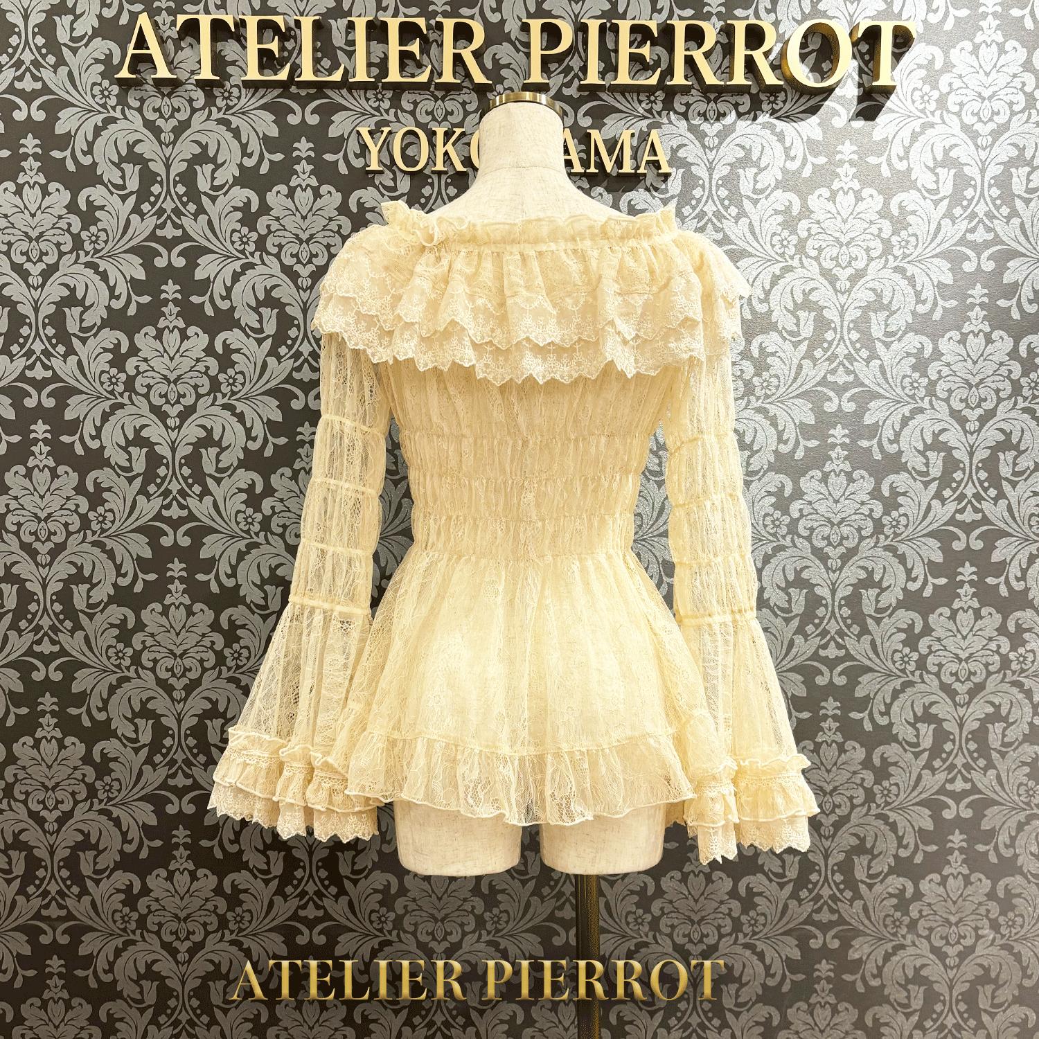【ATELIER PIERROT】 Shirring princess sleeve blouse-Lace- White/Ivory/Bordeaux/Navy/ Black